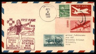 Mayfairstamps 1949 Us First Flight Cover Chicago To Switzerland Uprated Statione