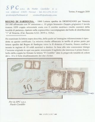 1860 ITALY SARDINIA TAXED COVER,  SA 14Ae PAIR,  CV $7350.  00,  RARITY 3