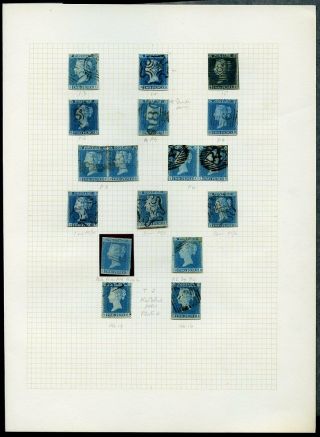 17 Gb Qv 2d Blue / Two - Penny Blue Postage Stamps On Album Page Incl 2 Pairs