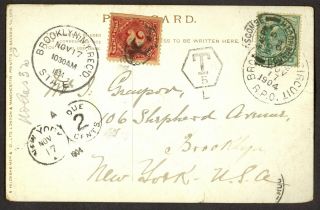 Gb / Usa 1904 Pic Post Card Taxed Us 2c Postage Due W Unusual Postmark Also Rpo