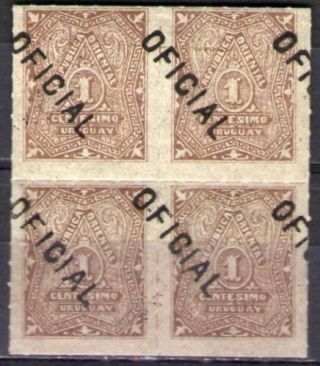 Uruguay (1332) : Sc.  O6,  Block Of Four,  Variety Shifted