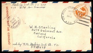 Apo 1943 Us Army 928 San Francisco March 5th Air Mail Censored To Oakland