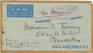 China 1934 Airmail Cover Shanghai To Belgium Via Saigon,  Too Late Handstamp