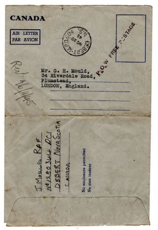 1945 (nov) Canada To Gb Airletter / P.  O.  W.  Postage / Debert.