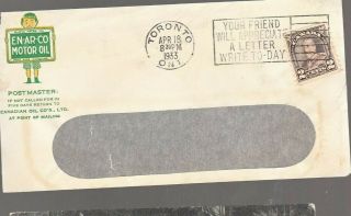 1933 En - Ar - Co Motor Oil Cover With Coil Stamp With Slogan Cancel