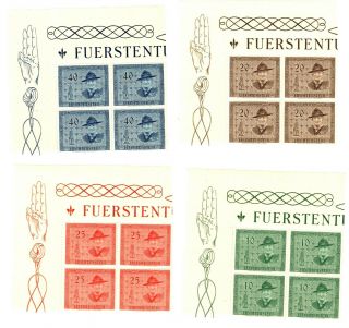 Very Rare 1953 Liechtenstein Sc 270 - 3 Souvenir Sheets Of 4 Each Boy Scouts Mnh