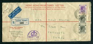 1947 Hong Kong Gb Kgvi 25c P.  S.  Registered Envelope Psre (uprated $2.  40c) To Uk
