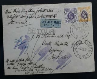Very Rare 1935 Hong Kong 1st Flight Hk To Australia Cover Ties 2 Stamps Returned