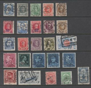 Belgium Belgique 25 Different Old Perfins Or Safety Perforated Stamps.