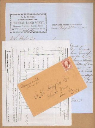 1852 Letter,  Receipt Corunna Mi To S Wales Ny Real Estate Land,  Tax Dispute
