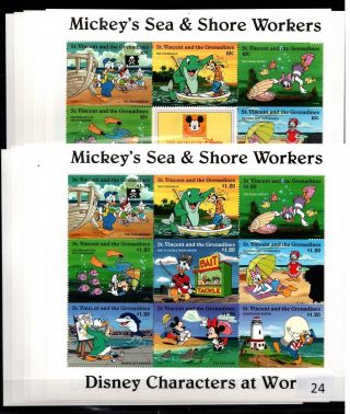 / 10x St.  Vincent - Mnh - Disney - Cartoons - Fish - Dolphins - Professions