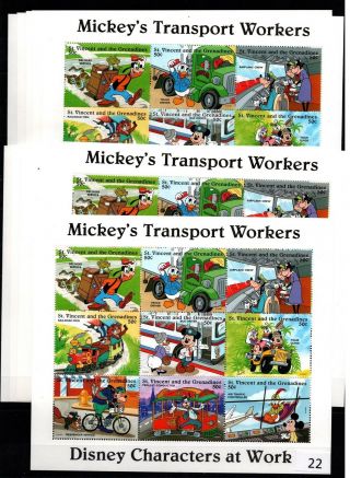 / 11x St.  Vincent - Mnh - Disney - Cartoons - Mickey - Donald - Trains - Snakes