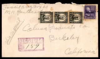 Oregon Fossil October 23 1942 Registered Vertical Strip Of 3 Air Mail To Berkel