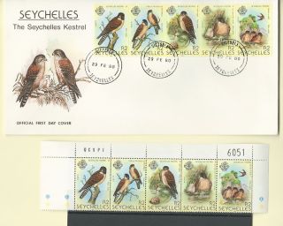 Seychelles 1980 Official Fdc Sc 447a - E Strip Kestrels Birds Usa