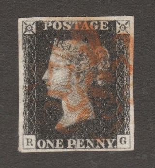 Qv 1d Penny Black 1840 Plate 6,  4 Good Margins Letters R G