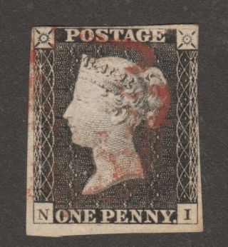 Qv 1d Penny Black 1840 Plate 1b,  4 Margins Letters N I