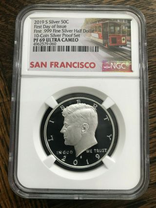 2019 S 50c Silver Kennedy Proof Half Dollar Pf 69 Ngc.  999 First Day Of Issue