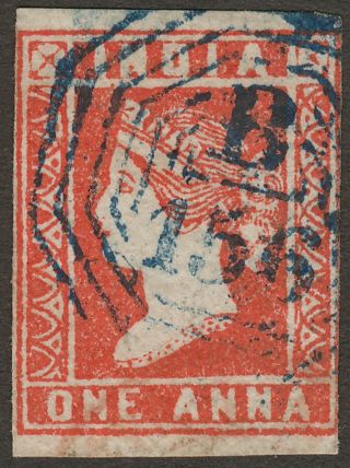 India Burma 1857 Qv 1a Red Die Ii Blue Numeral B156 Postmark Rangoon