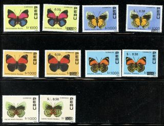 Mnh Butterfly Stamps Peru 2 Sets Hi Value Overprinted And The Regular Set