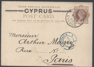 Cyprus: 1880,  11,  23 Postal Card,  Lamaca To Paris; Dec 7 Modena,  Italy Transit