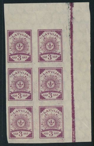 Latvia.  1919.  3 K.  Lilac,  W/watermark.  Block Of 6 - Printed On Both Sides