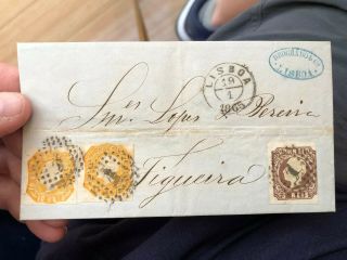 Rare Pair 1865 Lisbon Portugal Folded Letter Postal Cover To Figueira 3