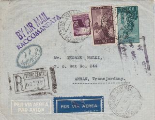 Italy 1949 Registered Letter St.  Air Mail From Livorno To Amman Jordan