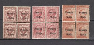Italy 1918 - 19 Venezia Giulia Sass 20,  22,  23 Blocks Of 4 Mnh