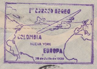 Colombia Airmail to Leipzig; Germany;.  stamps both sides; Cachet; 1939; scans 7