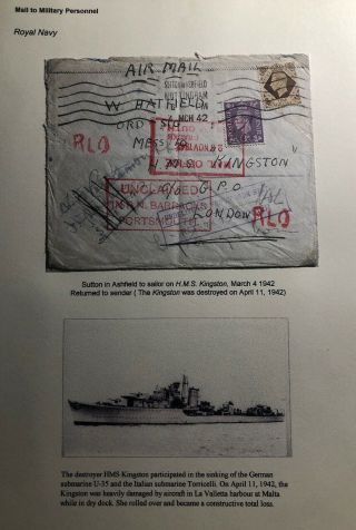 1942 Nottingham England Airmail Cover To Sailor In Hms Kingston Return To Sender