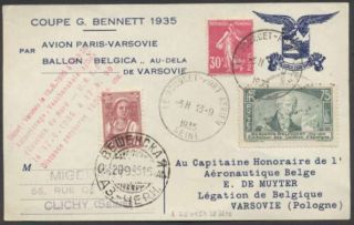 France To Poland & Russia By Balloon Card 1935 Mixed Franking