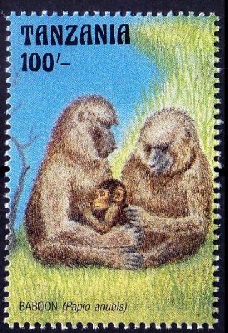 Baboon,  Monkeys,  Wild Life Animals At Watering Hole In Tanzania 1993 Mnh (b6n)