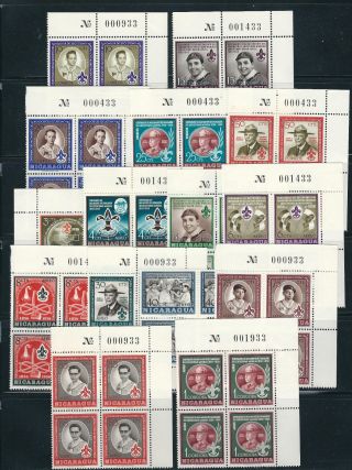 Nicaragua 1957 Boy Scouts (scott 778 - 82 C377 - 78) Vf Mnh Imprint Blocks Of 4