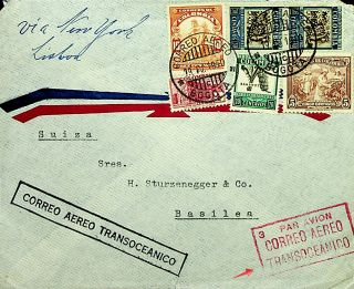 Colombia 1940 6 Values On Rare Transatlantic Cachet Airmail Cover To Switzerland