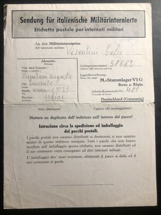 1940s Germany Stammlager Prisoner Of War Pow Camp Letter Cover To Udine Italy