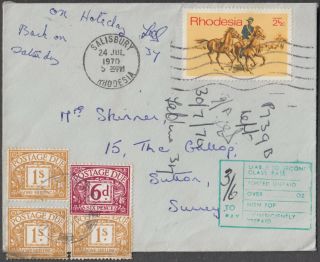 Rhodesia 1970 Salisbury Cover With Horse Taxed With 4v Postage Due To Uk