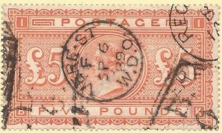1867 - 83 Sg137 £5 Orange Bk,  Vere St Cds,  Vgu,  Cv=£4,  750