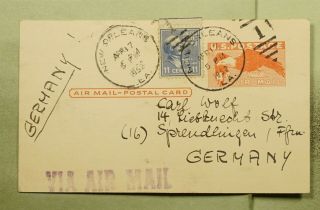 Dr Who 1952 Orleans La Prexie Uprated Airmail Postal Card To Germany E46456