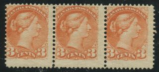 Canada 1870 Small Queen 3c Orange Red Strip Of 3 37 Ml/nh