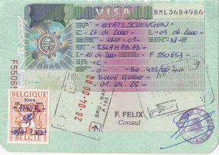 2000 Belgium 30 Euo Revenue Stamp On Visa Page