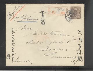 Japan 1925 Tokyo Registered Cover To Denmark W/50s Tazawa Series