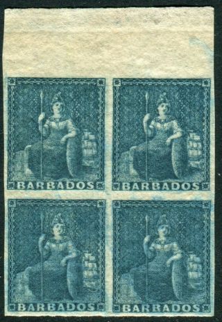 Barbados - 1852 - 55 Unissued Britannia In Slate Blue.  A Marginal Block Of 4 Sg 5a