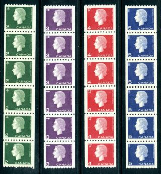 Weeda Canada 406 - 409 Vf Mnh Coil Strips Of 6,  Qeii Cameo Issue Cv $144