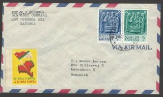 Katanga 1961 Onuc Cover To Denmark With Map Poster Stamp