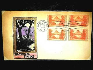 Us Fdc Hand Painted Cachet Block Of 4 Sc 764 Imp Glacier Nat P 9 Cent Stamps