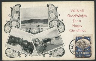 Danish West Indies,  1909,  Rare Card With Tied 1909 Christmas Seal,  Sent To Ohio