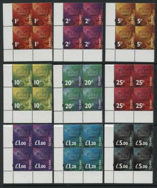 1994 1p - £5 3rd Decimal Postage Due U/mint Set In Corner Blocks Of 4.  D102 - 110
