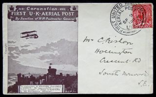 Great Britain,  1911,  Coronation Flight,  First U.  K.  Aerial Post Envelope Cover
