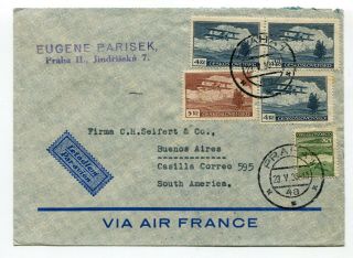 Czechoslovakia 1936 Attractive Franking Airmail Cover To Argentina Via France -