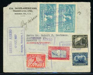 Nicaragua Postal History: Lot 321 1937 Multifranked Air Managua - Hamburg $$$